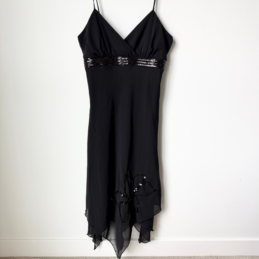 Y2K Black Fairy Dress with Sequin Waist & Flower Assymetrical Hem SZ 6